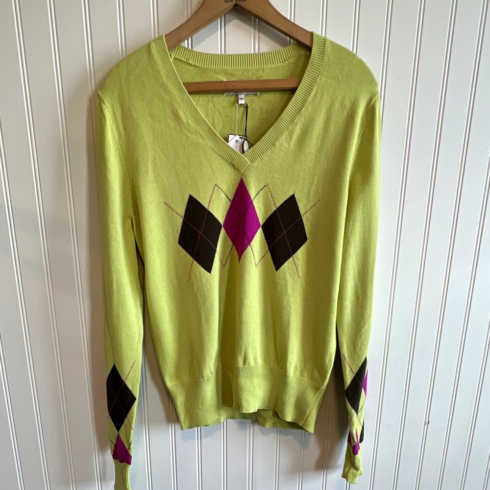 Sport Haley Women's M Green Argyle V-Neck Pullover Sweater 100% Cotton